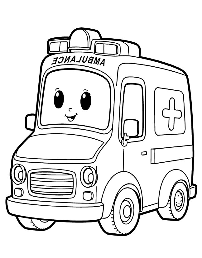 Cartoon character ambulance coloring page